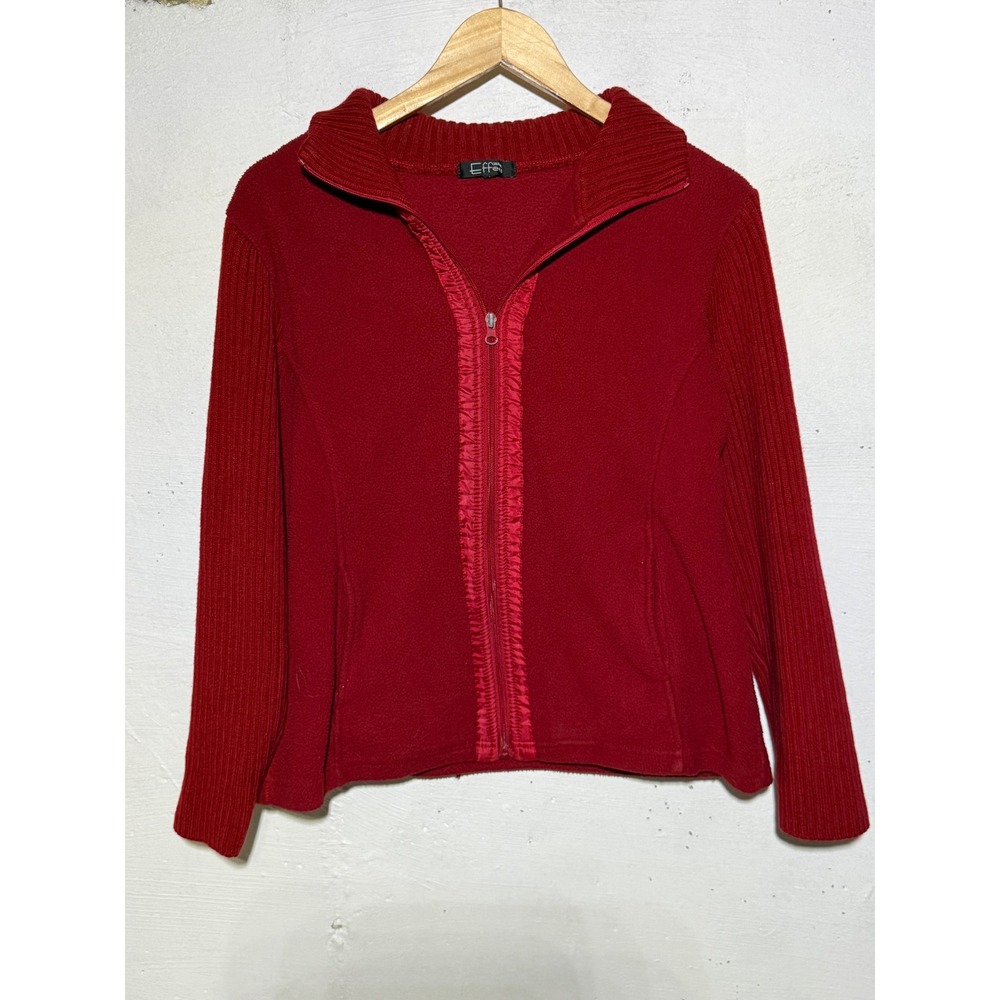 Creazioni Effeci Womens L Cherry Red Full Zip Fleece Rib Knit Mixed Media Jacket
